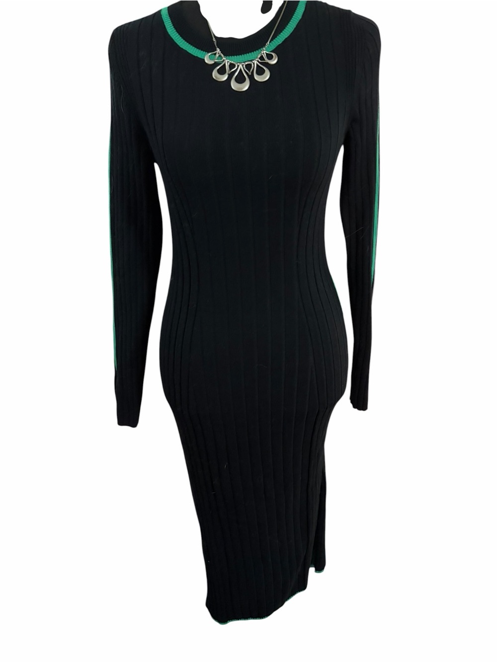 Fitted Black Maxi Dress with Green Trim